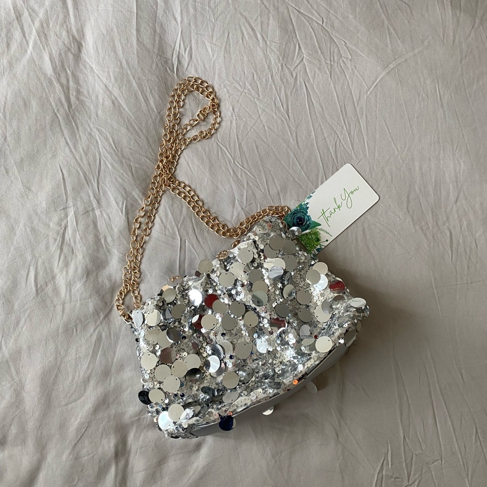 Sequin Silver Disc Shoulder Bag with Gold Chain Strap